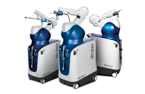 This Stryker marketing image shows its Mako orthopedic surgical robotics systems. Such systems are a hot piece of equipment among the largest orthopedic device companies.